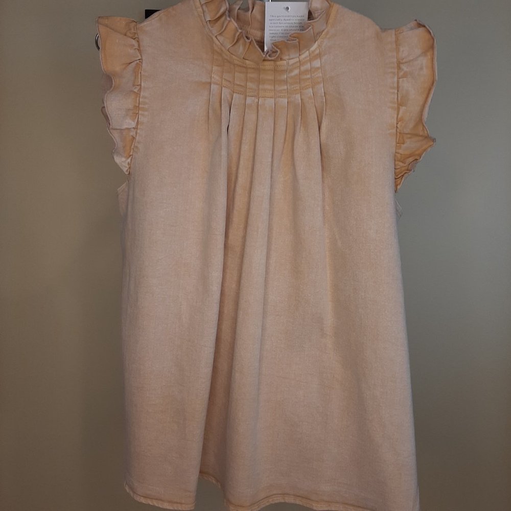 Brand New Boutique MAZIK Distressed Gold Wash Denim Ruffle Top M